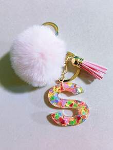 1 件字母首字母钥匙扣可爱毛绒绒球钥匙链环包背包饰品汽车挂件女士女孩礼物，可爱亮片树脂钥匙扣，钱包和手提包配件，带流苏的钥匙扣，字母首字母 A-Y 学校 - 粉色 - 查看 17