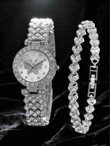 2pcs/Set Rose Gold Alloy Crystal Butterfly & Round Dial Quartz Watch And Crystal Heart Bracelet For Women, Suitable For Daily Wear, Graduation Gift