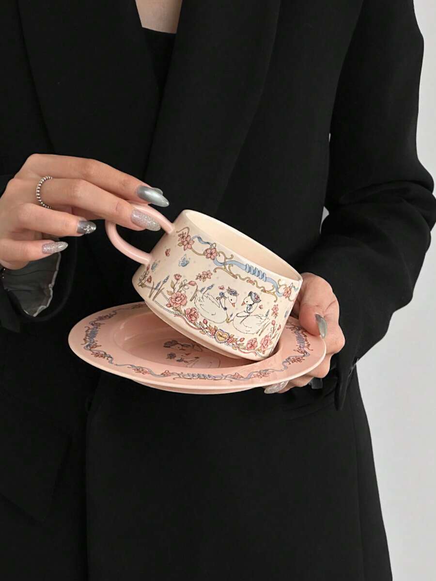 1pc Swan Shaped Cute Ceramic Cup & Saucer Set, Suitable As Gift For Girls Or Promotional Item, Ramadan Eid Al-Fitr Gift, Coffee Cup, Milk Cup, Juice Cup, Latte Cup, Matcha Cup, Graduation & Back To School Gifts