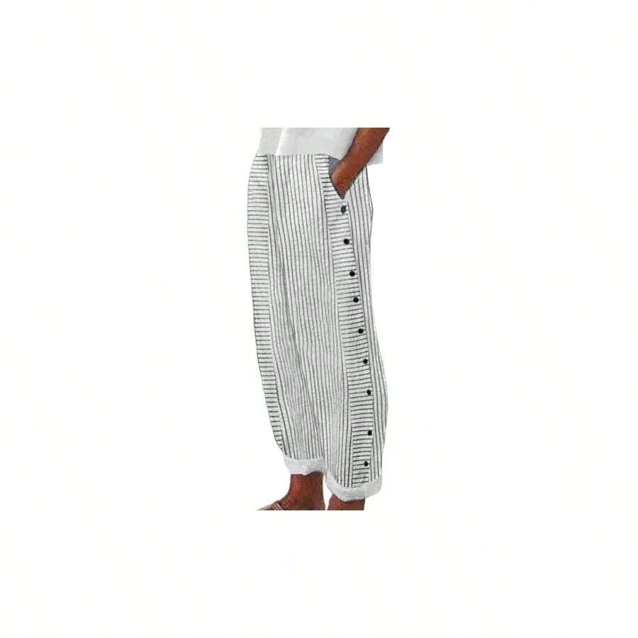 Leggings de verano para mujer, diseo de rayas, casual, verstiles, sueltos, casuales, elsticos, de cintura alta, para el trabajo - Blanco + 2XL - Ver 1