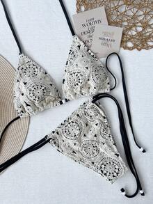 Sexy Retro Hollow Crochet Triangle Two Pieces Swimsuit - White