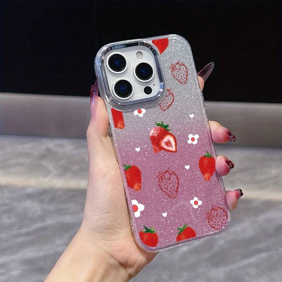 Strawberry Beautiful Flower Phone Case For IPhone 17 16e 16 15 14 13 12 11 Pro Max Air X XR XSMAX 8 7 Plus Metal Silver Lens Frame Transparent Soft Back Coverstrawberry Shortcake Items - 1 cái - Xem 1
