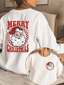 Felpa con stampa reversibile di Babbo Natale, casual a maniche lunghe con scollo a giro, abbigliamento sportivo da donna, outfit natalizio, design a stampa doppia, autunno/inverno - Bianco - Visualizzare 1