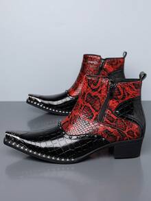 1 Pair Men's Studded Dual-Tone Snake Print Pointed Toe High-Top PU Chelsea Boots With Rubber Sole, Casual Everyday Wear - Red - View 3