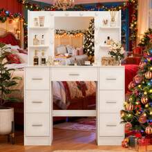 Holiday Gifts  Dressing Table With LED Lights Mirror 7 Drawers Vanity Make Up Desk Dresser Set - White - View 6