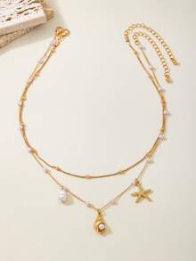 2件套简约海洋生物流苏双层项链，金属海星和贝壳，仿珍珠项链，适合度假、情人节、蜜月、旅行，优雅礼物 - 金黃色 - 查看 4