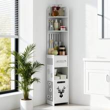 1PC Narrow Corner Bathroom Cabinet - Space-Saving Freestanding Storage Rack With Toilet Paper Holder, PVC Shelf Easy Assembly - Louvered Door - View 2