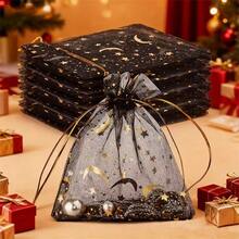 5/30/60/110个装黑色/白色金属箔薄纱袋，带麻绳系带，星座主题宰牲节月亮星星图案布艺礼品袋，适用于派对回礼、珠宝包装和婚礼礼物 - 彩色 - 查看 4