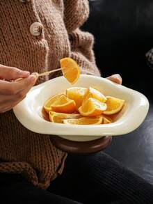 DearDali Asymmetrical Wavy Glazed Ceramic Fruit Bowl With Walnut Wood Base, Creative Home Decor Fruit Tray For Living Room, Entryway