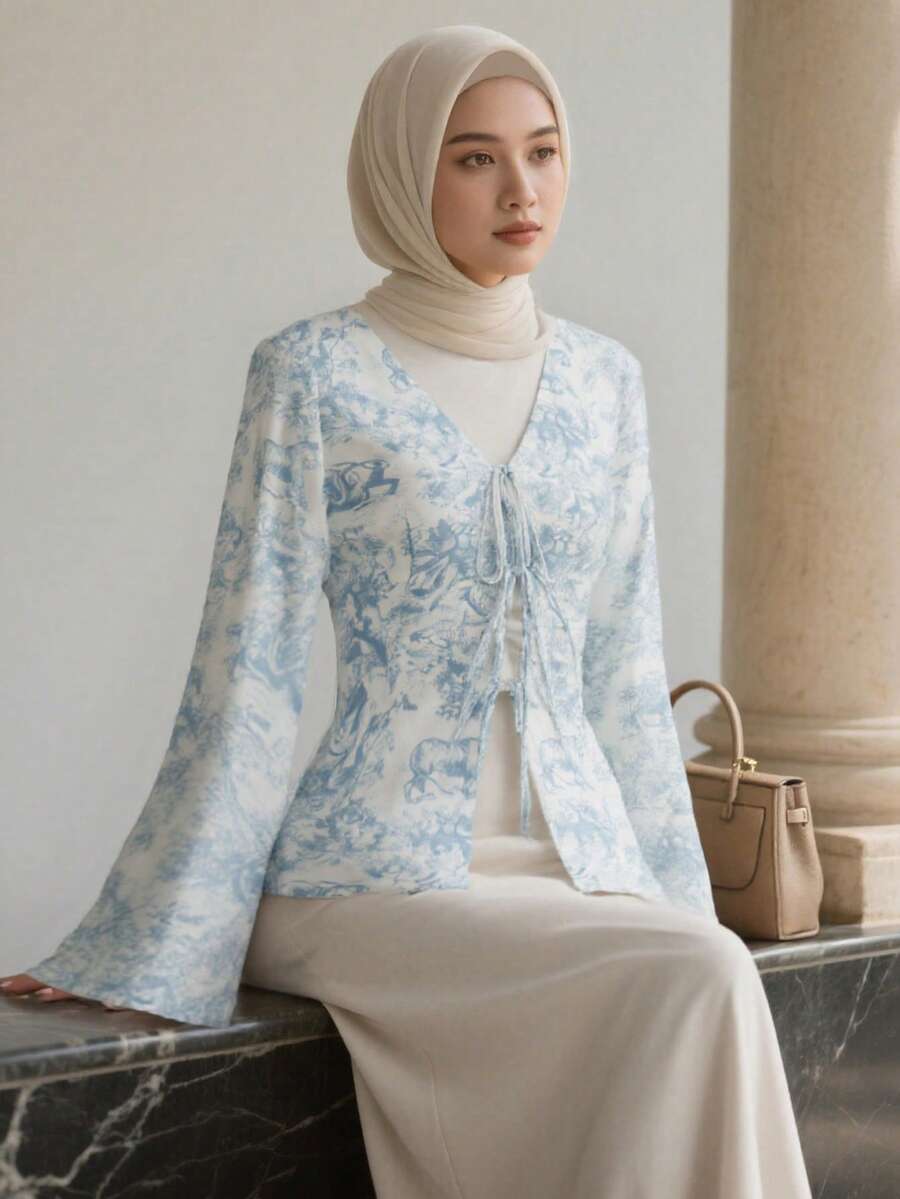 1 chiếc áo kiểu nữ Hồi giáo, tay chuông, in họa tiết phong cảnh, thắt nơ phía trước, thích hợp mặc hàng ngày, đi nghỉ lễ và các dịp lễ hội, áo màu xanh dương. - Màu xanh lam - Xem 1