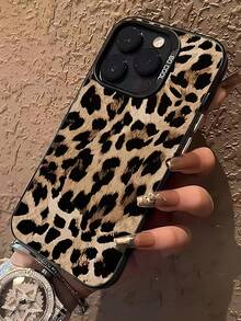 Cheetah,Leopard Print 1pc Black & Gold Leopard Print Pattern Metal Button Matte Anti-Drop Phone Case Compatible With IPhone 17, 16, 15, 14, 13, 12, 11 Pro Max, Series,International Version, Not The Domestic Version - Multicolor - View 2