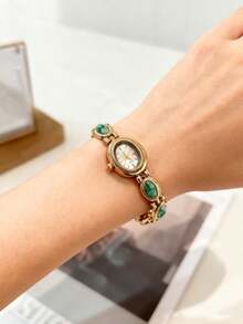 1pc Girl's Vintage French Bracelet Watch, Colorful Gemstone Decor, Luxury Niche Design, Daily Wear Gift Watch, Suitable For Christmas, Valentine's Day, Ramadan, Eid, Carnival - Gold - View 4