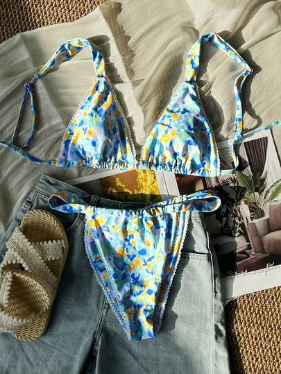 New Arrival Women's Casual Cute Ditsy Floral Tie-Front Bikini Swimsuit 2-Piece Set
