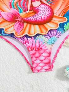 Maiô infantil de uma peça com estampa de sereia e alças finas. - Rosa - Ver 4