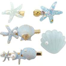 Juego de 5 pinzas para el pelo de perlas artificiales con estrellas de mar, de metal, resina, cocodrilo, pasadores para el pelo, accesorios de boda para mujeres, mujeres y nias 5 estilos - Azul - Ver 1