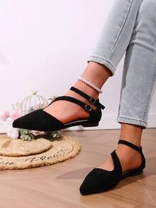 2025 Spring New Fashion Suede Black Pointed Toe Flat Women Shoes, Women Buckle Flat Suede Black Shoes - Black - View 1