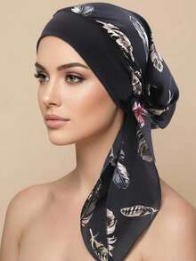 女士弹力宽边仿丝头巾帽，睡帽，女士海盗帽，护发帽，适合日常使用，随机花朵图案 - 彩色 - 查看 4