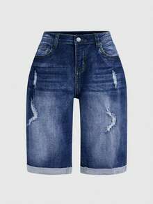 Newv Style 女士做旧水洗牛仔七分裤 - 休闲百搭，破洞细节设计，夏季必备 - 深色水洗藍 - 查看 5