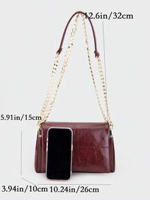 复古菱格纹酒红色PU方包，现代简约奢华风格女士单肩包，饰以刺绣线和金属链，拉链封口，适合日常购物和休闲穿着 - 酒紅色 - 查看 6