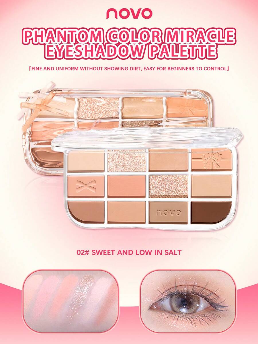 NOVO Long-Lasting Matte & Shimmer Eyeshadow Palette, Vibrant Multicolor Eyeshadows For Daily, Party, Stage Makeup, Suitable For New Year, Christmas, Y2K Looks - 02# Sweet and Less Salt - View 1