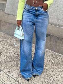 Women's Mid-Rise Classic Washed Loose Straight Leg Jeans, Casual Versatile Denim Pants - Medium Wash - View 3