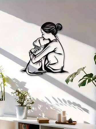 1 pieza Escultura de pared de metal con línea de arte de mujer abrazando a un perro, placa de pared de metal única, decoración moderna y creativa para el hogar, regalo ideal de Navidad y cumpleaños para amantes de los perros, decoración colgante para celebrar el Día Nacional de las Mascotas