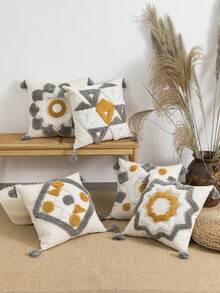 1pc Geometric Pattern Cushion Cover, Cotton Canvas Fabric With Tufted Embroidery And Tassel Trim, Nordic Style, Suitable For Bedroom, Living Room, Sofa, Headboard, Soft Decorative Pillow Case, Garden Party, All Season, 30*50cm, 45*45cm (Inner Pillow Not Included)