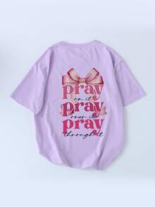 女童蝴蝶结标语印花圆领T恤，夏季休闲柔软上衣 - 淡紫色 - 查看 6