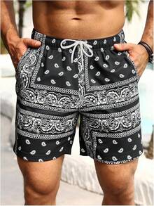 Men's Boho Paisley Print Drawstring Waist Summer Shorts With Pocket - Black Ink White - View 10