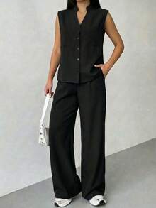 A&DD MODA,REF:Y287 - Women's Solid Color Two-Piece Set, Consisting Of A Sleeveless Vest And Loose-Fitting Trousers, With Upper Body Pockets And Elastic Waistband, Suitable For Daily Outings - 黑色 - 查看 3