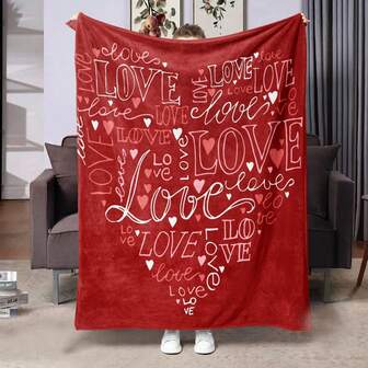 1pc Valentine's Day Theme Letter & Heart Fleece Digital Print Blanket - Soft, Warm, And Multipurpose For Sofa, Office, Bed, Camping, And Travel - All Season Versatile Gift