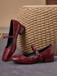 Wine Red Patent Textured Square Toe Mary Jane Low Block Heel Shoes – 3cm - Burgundy - View 5