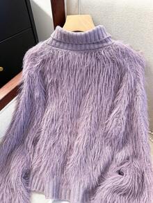 JIANHU Korean Style Fuzzy Knit Cardigan – Fall Winter Soft Faux Fur Sweater With Scalloped Trim And Pearl-Like Buttons, Cozy High Neck Jacket For Daily Looks - Purple - View 6