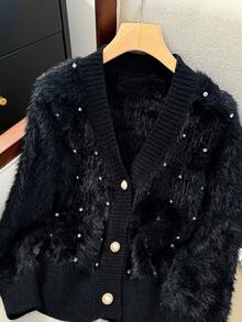 Stylish Fur Trim Rhinestone Embellished Cardigan, Suitable For Autumn/Winter Black - Black - View 5