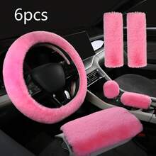 6pcs/Set Luxury Winter Fashion Faux Fur Steering Wheel And Handbrake Cover Set - Soft, Fluffy, Warm, Universal Fit For Sedan/SUV - one-size - View 3