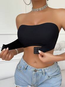 2-Piece Women's Multi-Color Ribbed Front Closure Bras, Padded Wireless Front Clasp Bras, Strapless Bras - Black - View 7