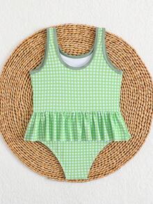 Traje de baño de una pieza con volantes, estampado de pato de dibujos animados lindo y cuadros verdes para niñas - Multicolor - Ver 2