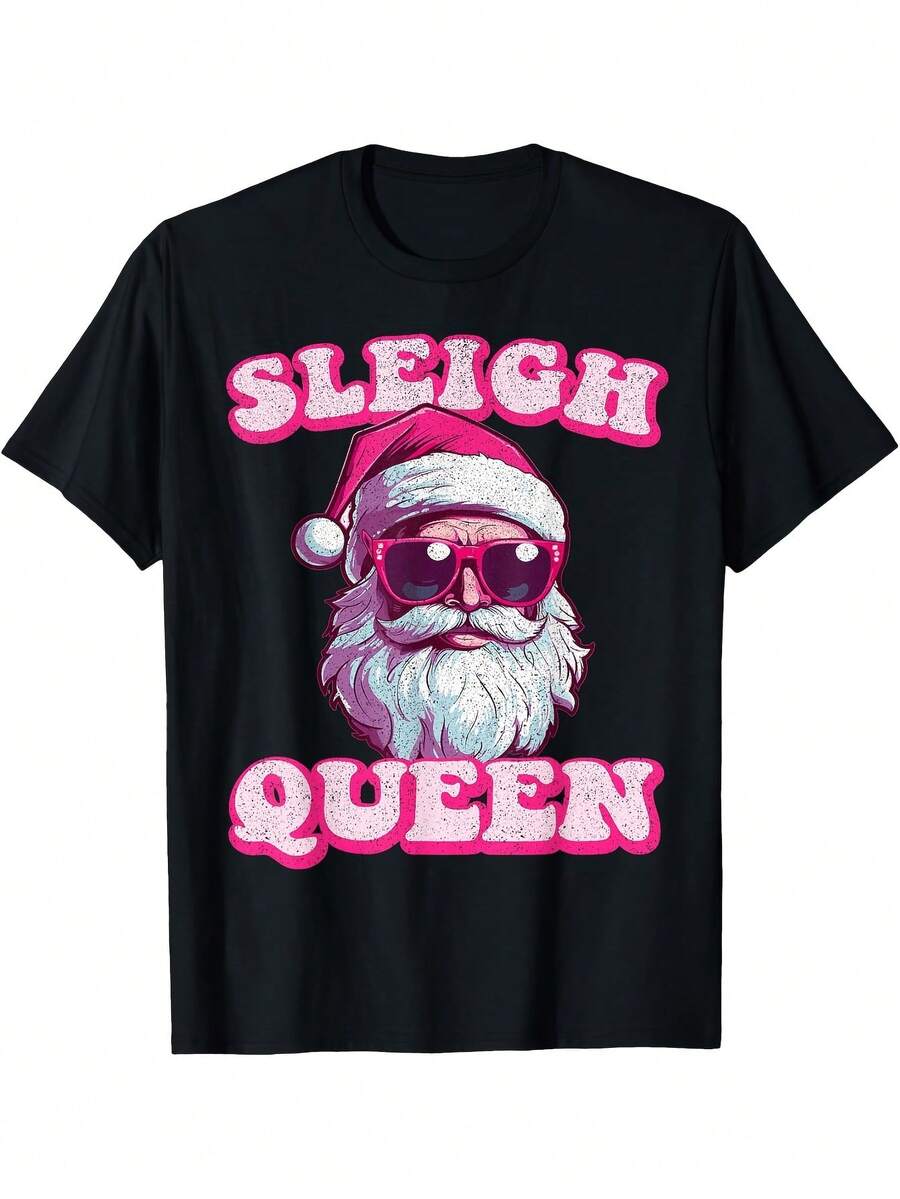 Groovy Retro Christmas Funny Pink Santa Sleigh Queen T Shirt Cotton Printed Shirts Fan gifts, Christmas clothing gifts, and the best choice for New Year's gifts for your loved one.