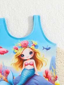 小女孩卡通美人鱼印花吊带连体泳衣 - 藍色 - 查看 3
