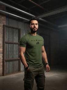 Camiseta casual transpirable para hombre manga corta diseño gráfico personalizado  estampado de logo minimalista moda urbana comodidad y estilo en una prenda esencial para el guardarropa masculino - Verde militar - Ver 2