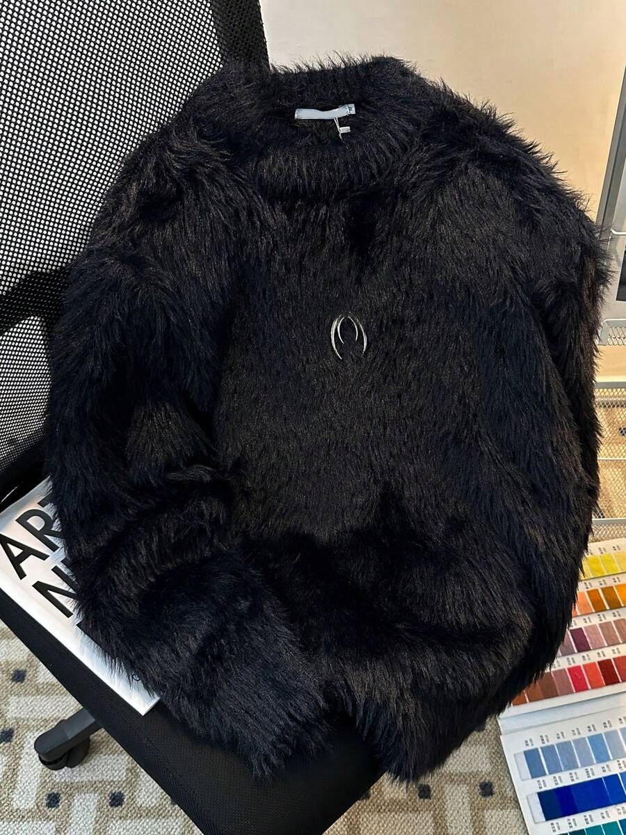 American Retro Shoulder Padded Round Neck Sweater For Men In Autumn And Winter, Loose And Casual, Furry And Lazy Style, Pullover Knitted Top - Black - View 1