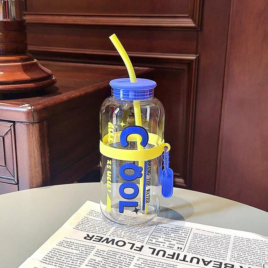 Vaso de cristal con espejo de gran capacidad y pajita, minimalista, para oficina y hogar. - GP-4140B Azul-Amarillo Transparente - Ver 1