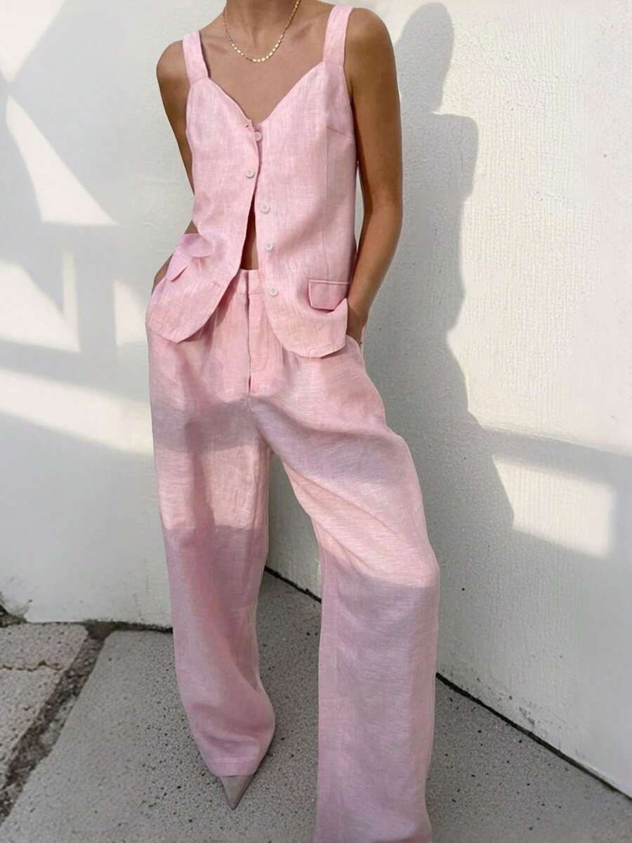 Women's Linen Camisole Vest Sleeveless Jacket With Open Front Button Design, Casual Wide Leg Pants, Women's Spring/Summer 2-Piece Set, Suitable For Commuting, Vacation, Holidays Like Thanksgiving, Christmas, Valentine's Day - Pink - View 1