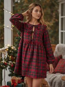 Women Plaid Long Sleeve Dress Casual Tie Front Round Neck A-Line Mini Ruffled Dress For Fall Spring - Red - View 1