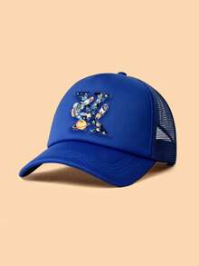 1顶儿童蓝色太空星球宇航员字母图案卡车司机帽，26个字母可定制，时尚可爱科幻风，轻便透气遮阳网眼棒球帽，生日节日实用礼物，适合男孩女孩春夏季户外日常、参观科学博物馆、上下学通勤等场合。 - 藍色 - 查看 19