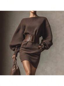 Pure Desire Wind Slanted Shoulder Bat Sleeve With Belt Pullover Sweater Spring And Autumn New Slim And Thin Spice Girl Knitted Sweater - 棕色 - 查看 4