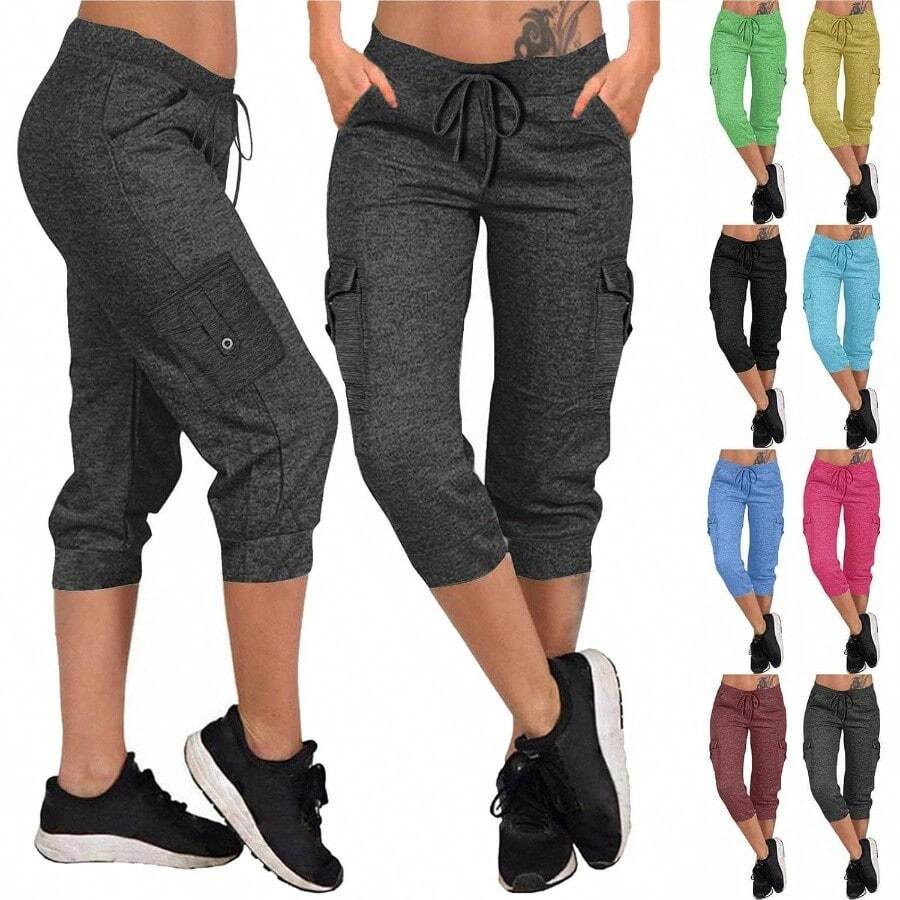 Pantalones Casuales, Pantalones Casuales elsticos Suaves y elsticos de 3/4 de Largo para Mujer con Pantalones Deportivos de Ajuste Regular - inicial - Ver 1