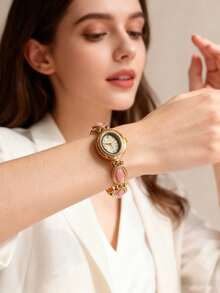 1pc Girl's Vintage French Bracelet Watch, Colorful Gemstone Decor, Luxury Niche Design, Daily Wear Gift Watch, Suitable For Christmas, Valentine's Day, Ramadan, Eid, Carnival - Gold - View 12