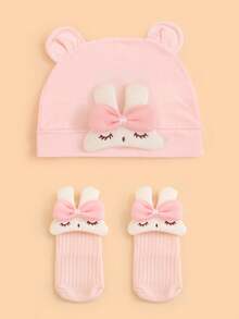 2pcs Baby Soft Knit Bow Tie Rabbit Design Beanie Hat + Socks Set, Breathable And Skin-Friendly For 0-3 Months Infants, Suitable For All Seasons, Multiple Colors Available, Great As Birthday Gift - Multicolor - View 8