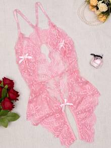 1pc Crotchless Lace Lingerie Set With Bowknot, Sexy Backless Romper - Pink - View 3